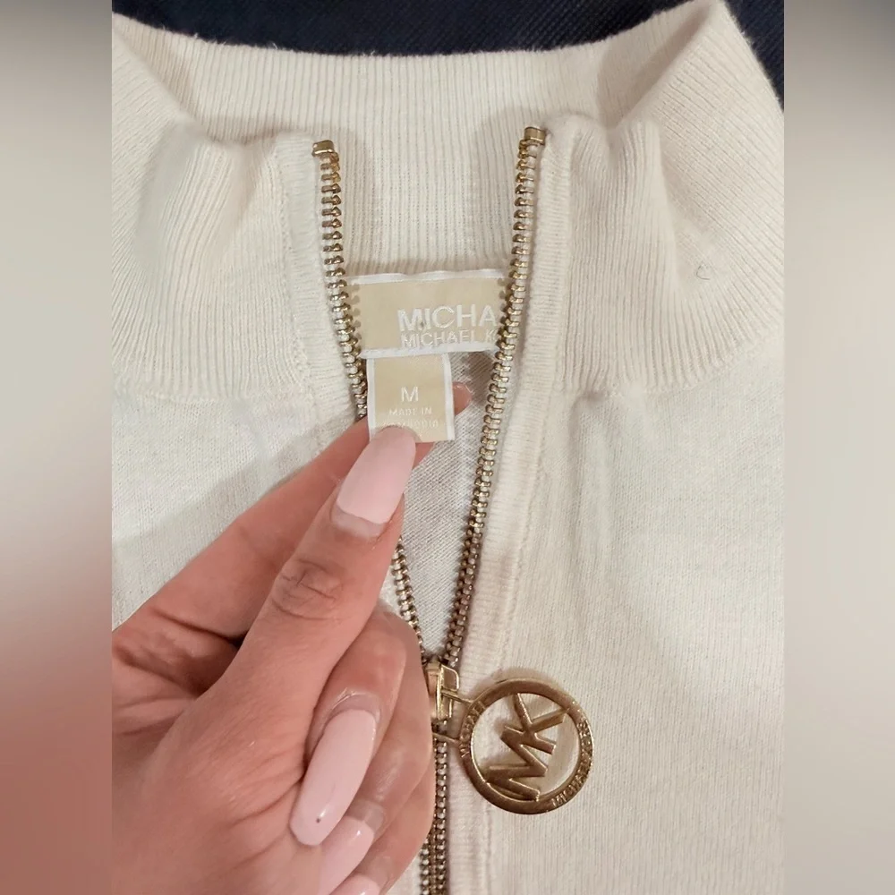 🔥Michael Kors White Half-Zip Pullover Sweater with Logo Pull Size M EC🔥